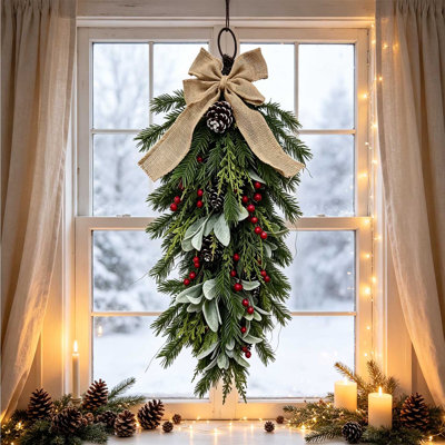 25.6 Inch Artificial Christmas Teardrop Swag, Rustic Pine Teardrop Wreath with Burlap Bow, Red Berries, Frosted Pinecones & Flocked Greenery for Front Door Wall Holiday Farmhouse Decor,1Pcs