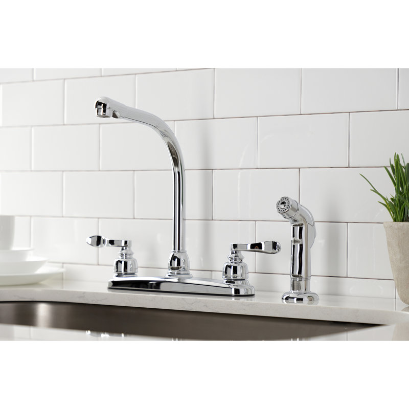 Kingston Brass NuWave French Two-Handle 4-Hole 8" Centerset Kitchen Faucet with Side Sprayer, Polished Chrome