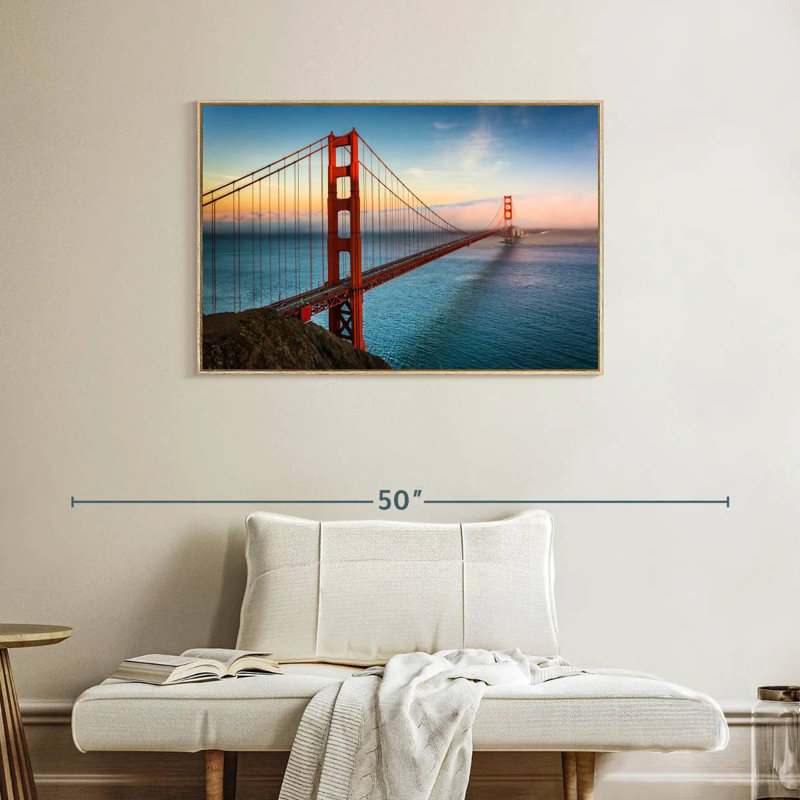 Golden Gate, lever de soleil sur l'océan, Cadre flottant en bois naturel, 37 po x 25 po