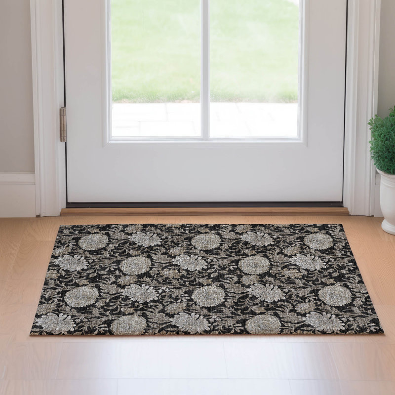Premium Machine Washable Prisco Black Rug, Rectangle 1'8" x 2'6"