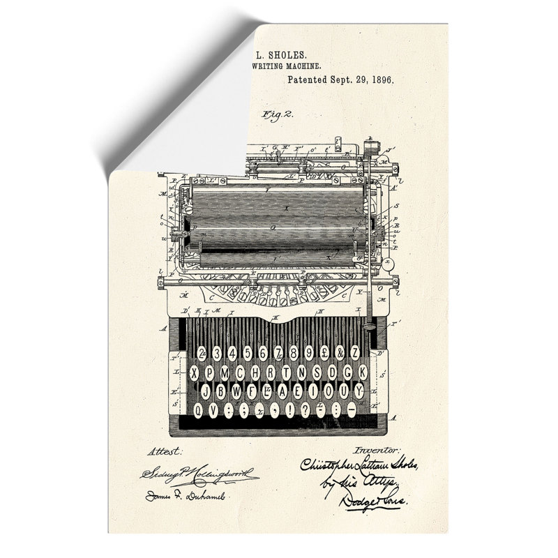 Typewriter Patent - Unframed Painting, 30cm H x 21cm W x 0.1cm D