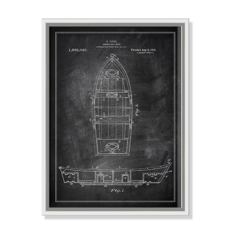 «Boat 1 Blueprint - Black - Floater Frame», impression sur toile, H 28 po x l 22 po x P 2 po, Cadre blanc