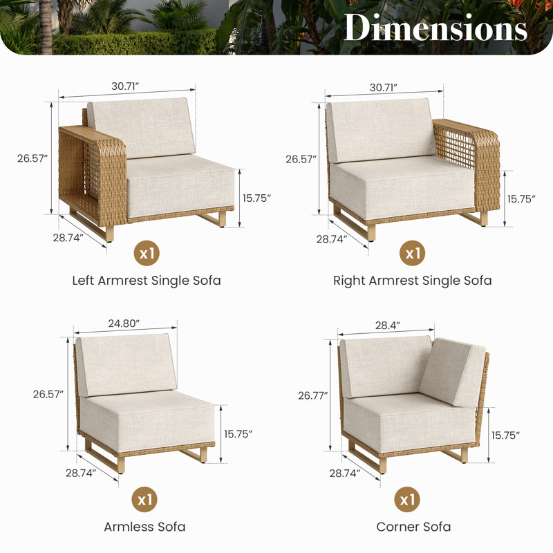 Canapé d'extérieur modulaire en résine tressée pour 4 personnes, avec assise profonde de 61 cm et coussins en oléfine de 25 cm d'épaisseur.