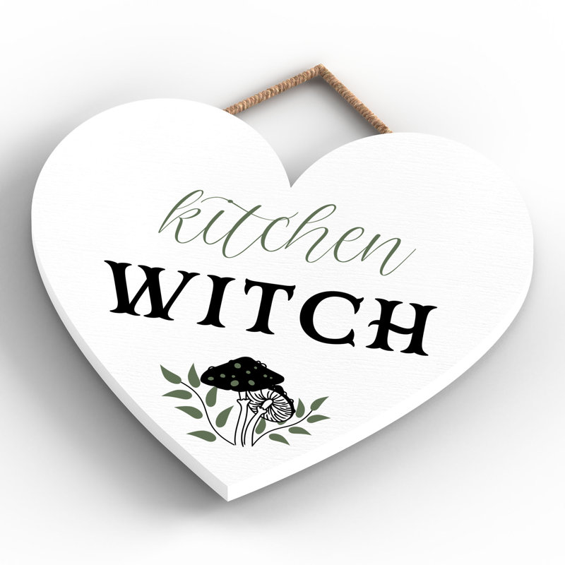Kitchen Witch Mushrooms Wooden Heart Plaque, 16cm H x 17cm W x 0.9cm D, White