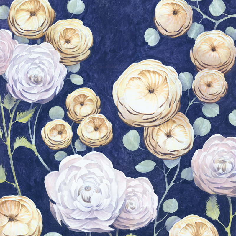 Navy And Flowers - Wrapped Canvas Painting, 76cm H x 76cm W x 3.8cm D
