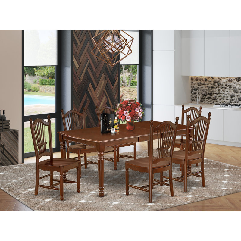 7 Piece Modern Dining Table Set Consist of a Rectangle Wooden Table with Butterfly Leaf and 6 Dining Room Chairs, Mahogany