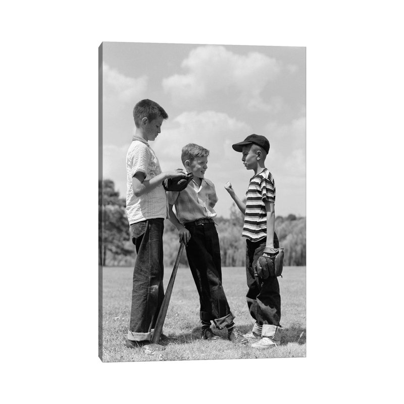 1950s Boys Baseball Threesome One Holding Bat Others Wearing Mitts Having Discussion by Vintage Images - Wrapped Canvas Print