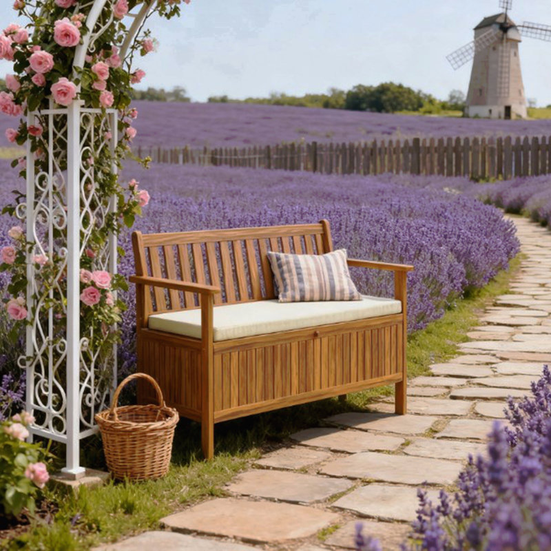 Banc de patio en bois, banc d'extérieur avec compartiment de rangement, banc de jardin avec coussin