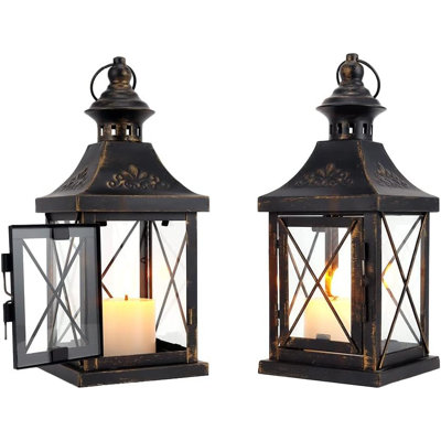Ensemble de deux bougeoirs de lanterne de table en métal et verre vieillis noir et transparent
