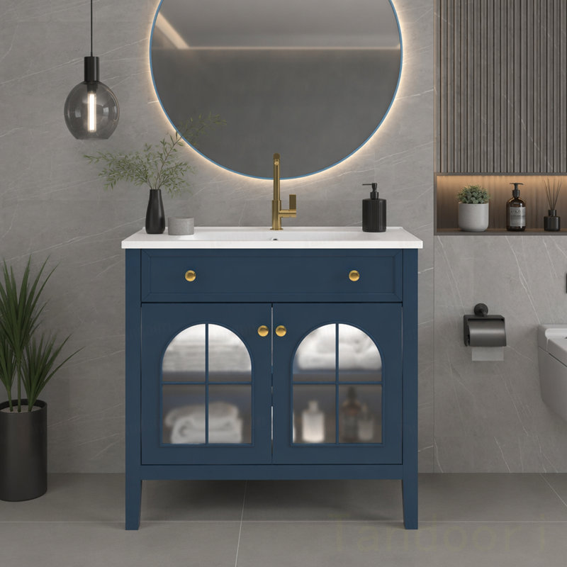 Meuble-lavabo de salle de bain avec verre à motif et bande lumineuse à capteur de mouvement, meuble-lavabo autoportant Farmhouse avec rangement, meuble-lavabo haut de gamme pour salle de bain