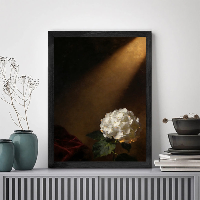 Reproduction d'art de hortensia rétro blanc pur noir, H 11 po x l 9 po