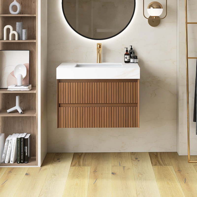 Meuble-lavabo flottant rayé flottant pré-assemblé avec tiroirs, plateau en pierre frittée et vasque encastrée en céramique, couleur grain de bois chêne brun