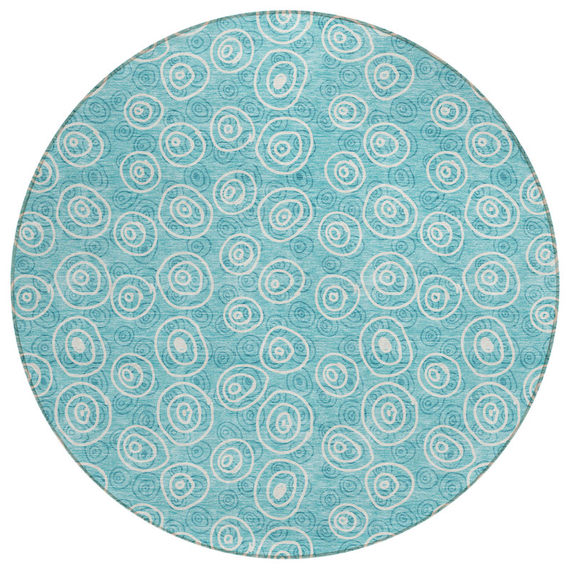 Tapis intérieur / extérieur rond 8 pi bleu sarcelle et ivoire