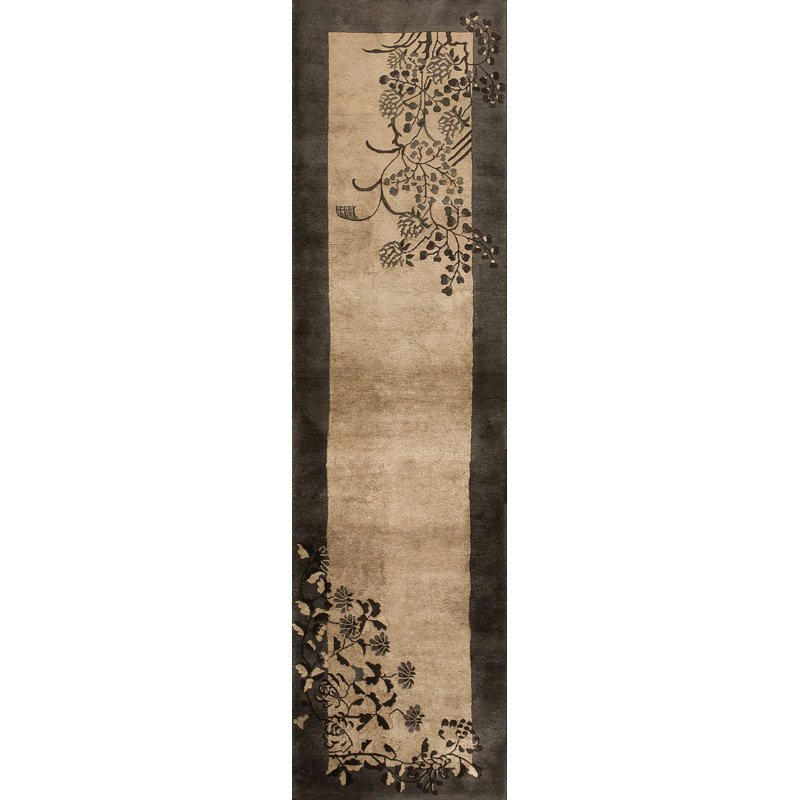 Neutral Cream and Gray Antique Minimalist Chinese Deco Hallway Runner Rug