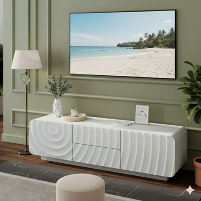 58-Inch TV Console With A Modern Unique Spiral Wave Design, Featuring A Storage Cabinet And Two Drawers. A TV Stand Suitable For Living Rooms Or Bedrooms, Available In White.