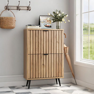 Shoe Storage Cabinet For Foyer, Hallway Slim Entryway Freestanding Wood Hidden Shoe Organizer With Flip Doors