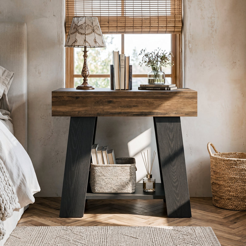 Table de bout moderne avec base trapézoïdale noire, table d'appoint étroite avec 2 tablettes de rangement pour les petits espaces et le salon