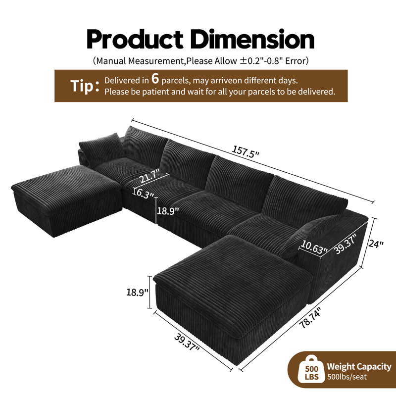 Boneless U-Shaped Modular Corner Sectional 5-Piece Plush Corduroy Sofa, Cloud Couch with 2 Ottoman,No Assembly Required Boneless Couch