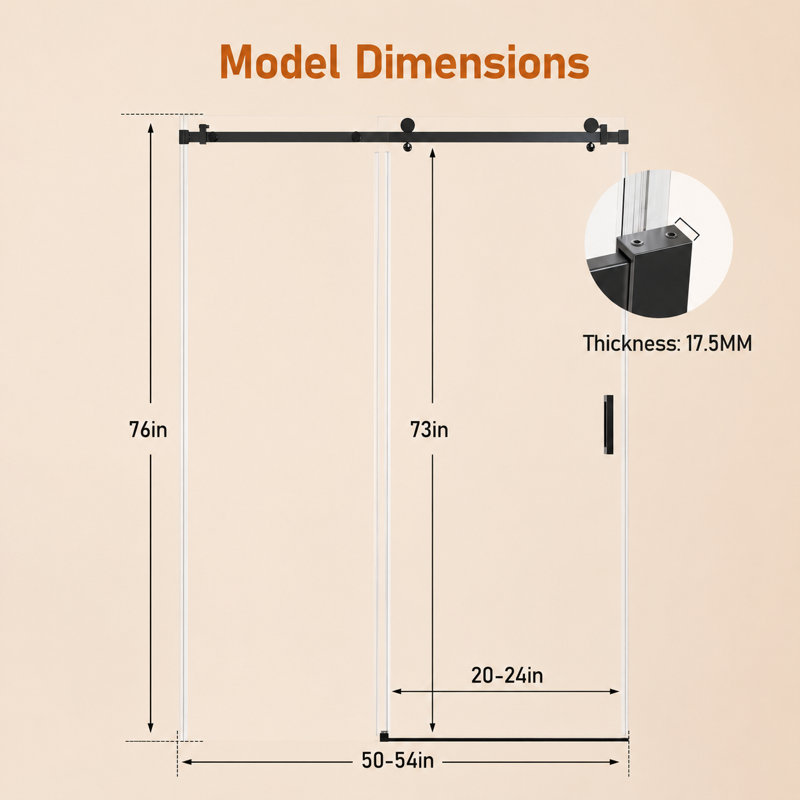 Porte de douche contemporaine sans cadre, l 50 à 54 po x H 76 po, porte de douche en verre noir mat, Matte Black