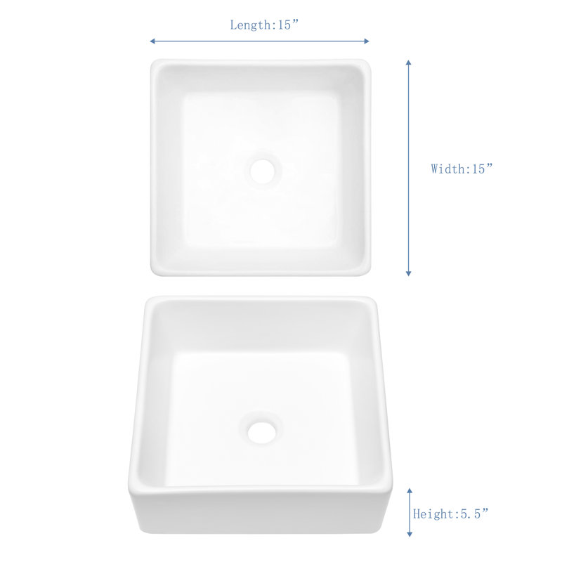 COUOKO 15''L x 15"W White Ceramic Square Vessel Bathroom Sink