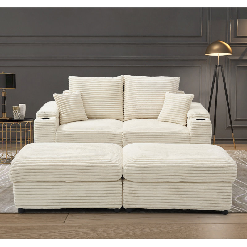 Blossie 70.8"W Luxury Corduroy Modular Chaise Lounge, 2 Cup Holders, 2 Storage Ottoman, 2 Seaters Loveseat Sofa, Cream