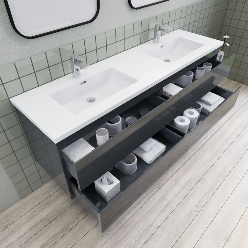 Alcester 71'' Double Bathroom Vanity with Resin Top, Gloss Gray