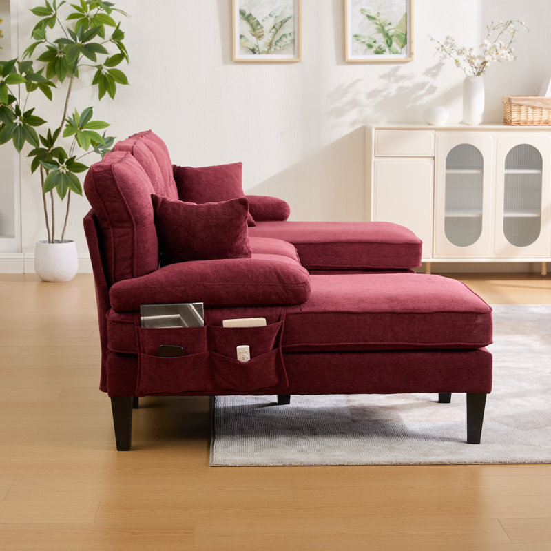 U-shaped Sectional Sofa,sectional Couches With Double Chaise,linen Fabric Couch For Living Room, Wine Red Linen