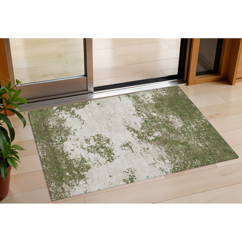 3' X 5' Olive Green Gray And Ivory Abstract Washable Indoor Outdoor Area Rug