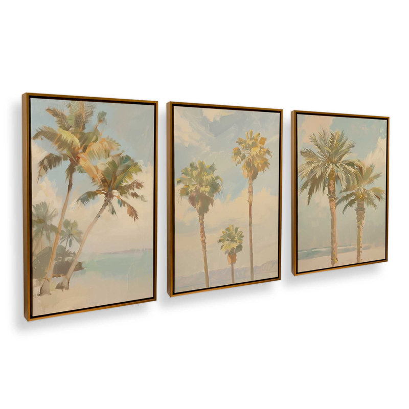 Ensemble de 3 imprimés Coastal Palms, Cadre flottant or poli, 30 po x 20 po