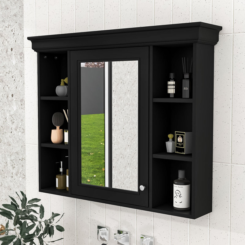 Armoire de salle de bain murale Yarvis avec porte miroir et tablettes de rangement, Noir, noir, noir, noir