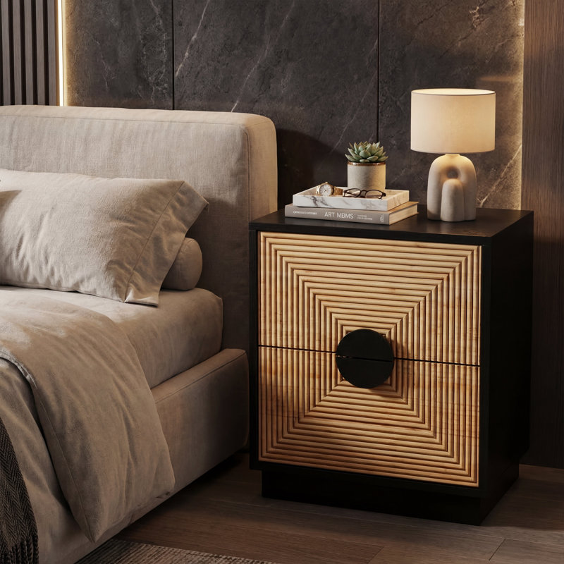 Table de chevet 2 tiroirs Modern Boho avec façade en rotin géométrique et cadre noir, Noir, Individuel
