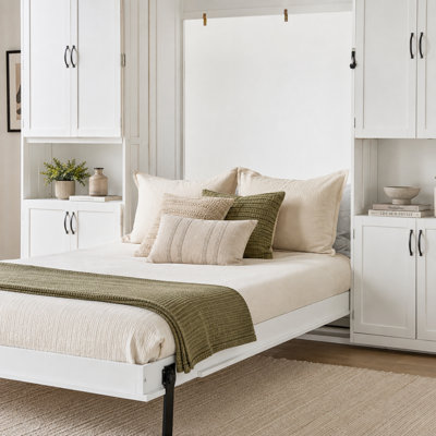 Moorebank Queen Murphy Bed with Dual Sliding Storage Cabinets, Hidden Wall Bed System, 12-Tier Side Shelves, Hydraulic Lift, Space-Saving Fold-Down Bed for Home Office, Guest Room