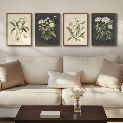 Framed Botanical Wall Art For Living Room, 4 Piece Rustic Floral Canvas Paintings Prints Artwork For Walls, Vintage Flower Butterfly Pictures For Farm