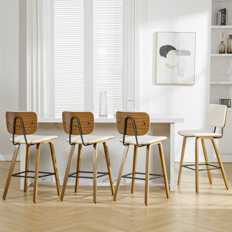 Cream PU Leather Upholstered Counter Stools with Walnut Wood Legs