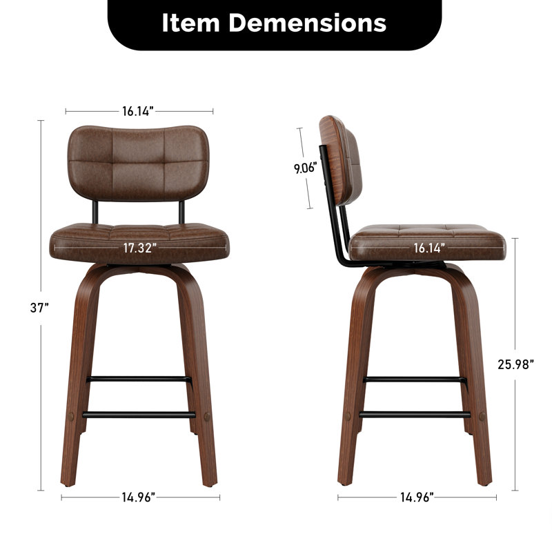 26" Counter Height Swivel Bar Stools,Pu Leather & Bentwood Back Bar Stools For Kitchen(Set of 2), Brown, 2