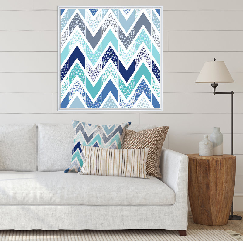 Rétro zigzag bleu clair - reproduction d'art sur toile à motifs, H 16 po x l 16 po x P 1 po, Cadre flottant blanc