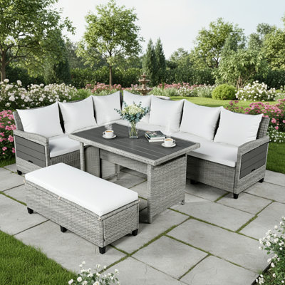 5 Piece Pe Rattan Sectional Seating Group With Cushions And Dining Table