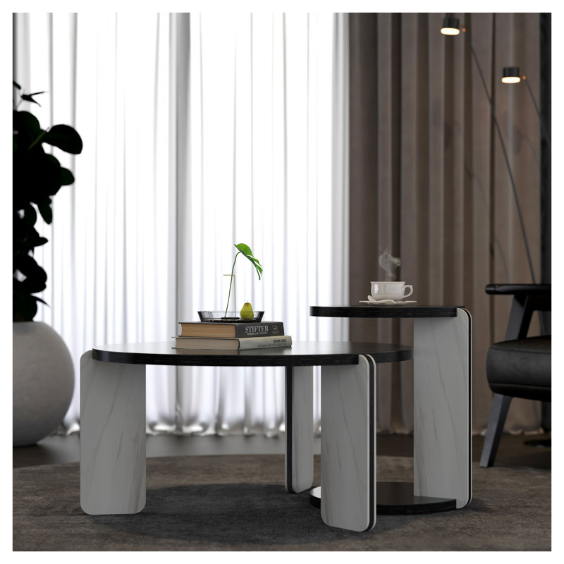 Ensemble de table de salon 2 pièces Modern - table basse 32,68 po et table de bout 16,93 po avec placage en chêne noir et pieds en pierre frittée, blanc et noir