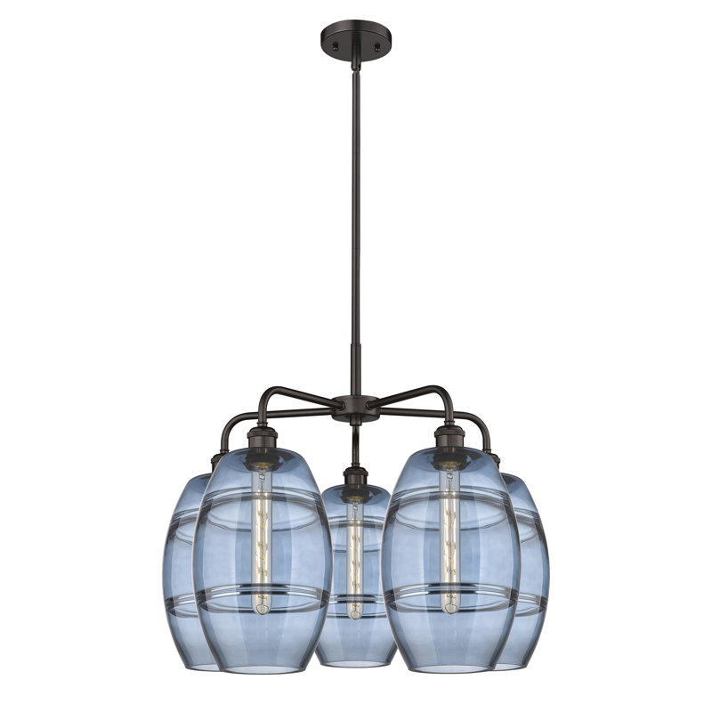 Lustre rond / ovale à abat-jour 5 lumières, H 15,38 po x l 26 po x P 26 po, Bleu princesse, Bronze huilé