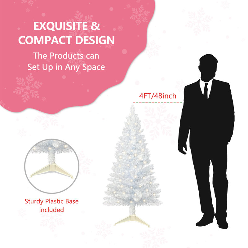 4ft Pre-Lit Artificial Christmas Tree, 122 Branche Tips, 50 Lights for Indoor, White
