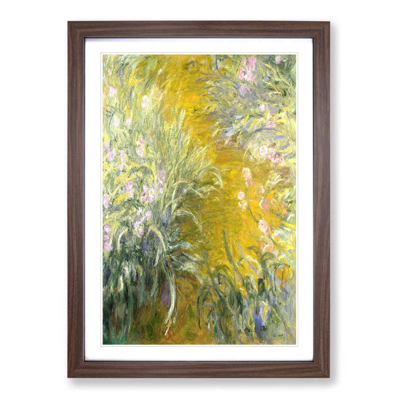 The Path Through the Irises by Claude Monet - Picture Frame Painting, Walnut Framed, 90cm H x 65cm W x 2cm D