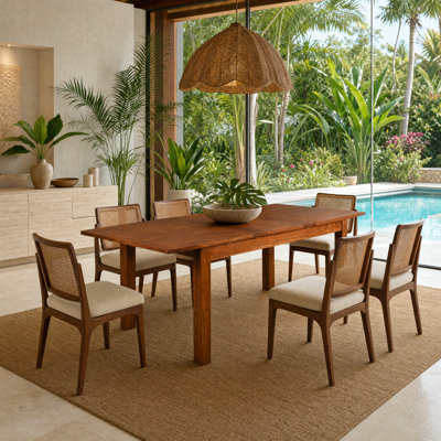 Capri 63" Extendable to 79" Solid Acacia Wood Dining Table, Light Walnut Finish, Easy Assembly