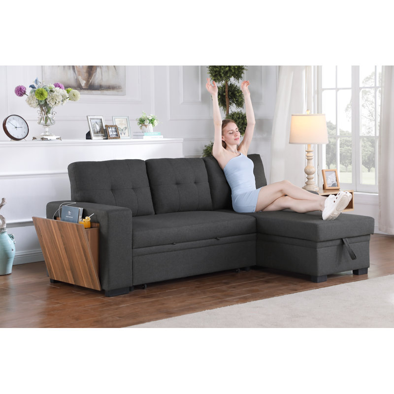Dark Gray Tufted Fabric Reversible Sectional Sofa with Storage and Cup Holder