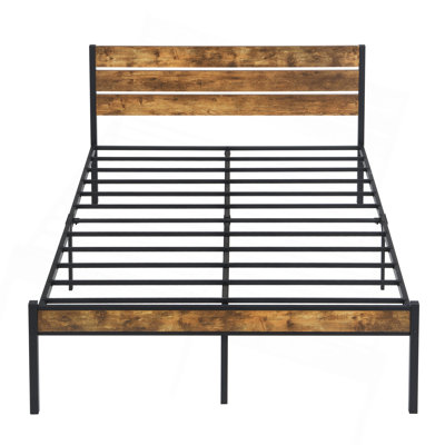 Structure de lit très grand avec tête de lit en bois, lit plateforme en métal avec rangement sous le lit, aucun sommier nécessaire, brun rustique et noir