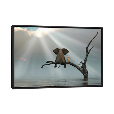 Éléphant et chien assis sur un arbre fuyant une inondation - reproduction d'art