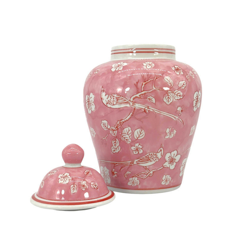 Pink & White Ceramic Chinoiserie Jar 12"