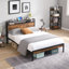 Structure de lit plateforme en métal avec tête de lit et pied de lit en bois avec doublure USB, aucun sommier nécessaire, grand rangement sous le lit, assemblage facile (lit)-192535006-192535007