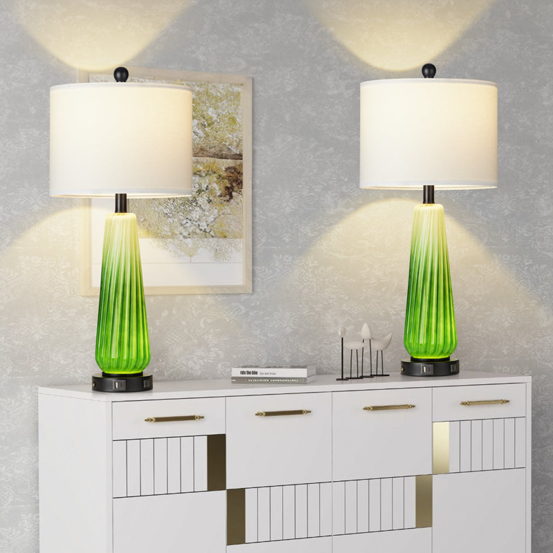 Table Lamps Nightlight 2in1 Glass Green Ripple Style with Rotary Switch Touch Switch(Set of 2), Vert