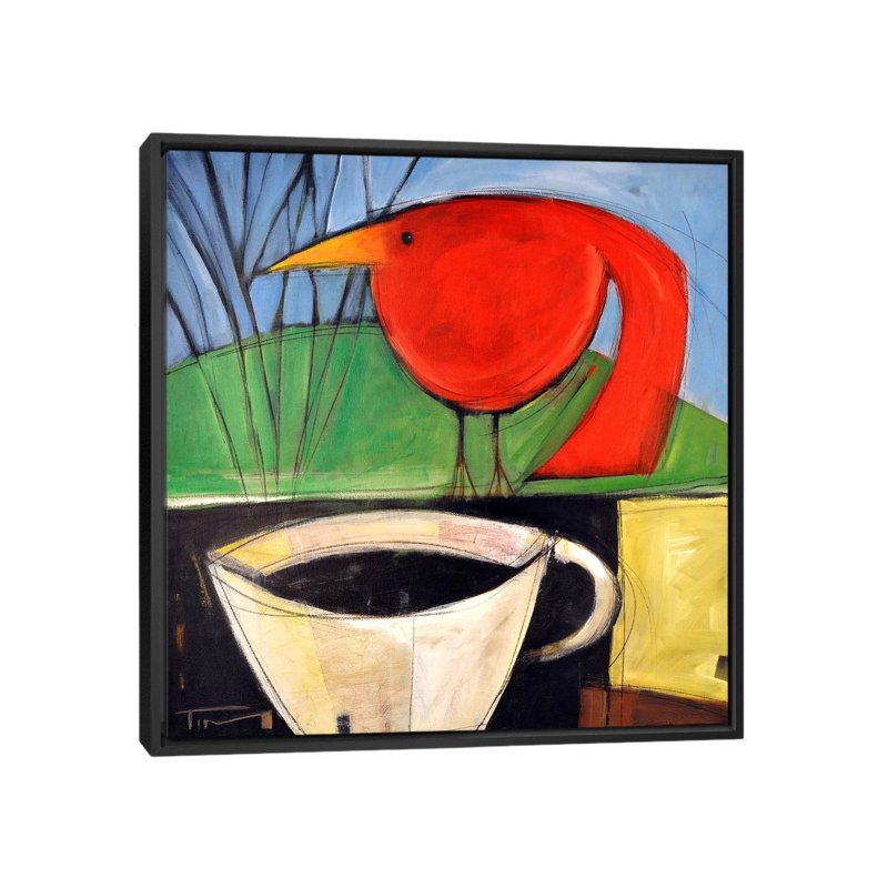 «Coffee and Red Bird» par Tim Nyberg - reproduction d'art, Aucun mat, Toile avec cadre noir, H 18 po x l 18 po x 1,5 po