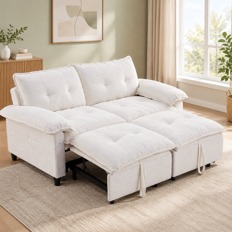 Canapé-lit escamotable de 73 po en velours blanc convertible avec matelas escamotable